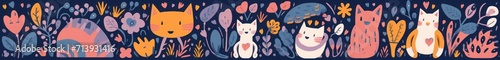 Cute spring pattern collection with cat. Decorative abstract horizontal banner with colorful doodles. Hand-drawn modern illustrations with cats, flowers, abstract, Generative AI 