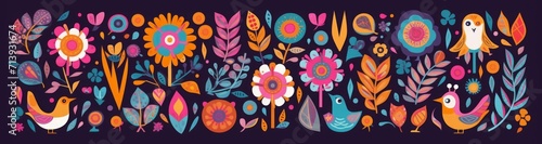 Beautiful colorful cartoon floral collection with leaves  flowers  tree and birds. Mexican ethnic pattern  Generative AI 