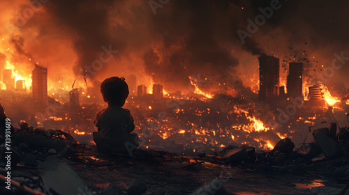 A Child in Front of Fire and Destruction: Children are the Real War Victims, AI Generative