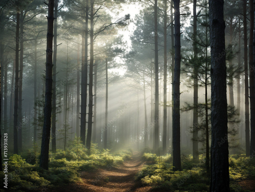 A serene, foggy morning in a dense pine forest captured using a vintage-camera aesthetic technique.