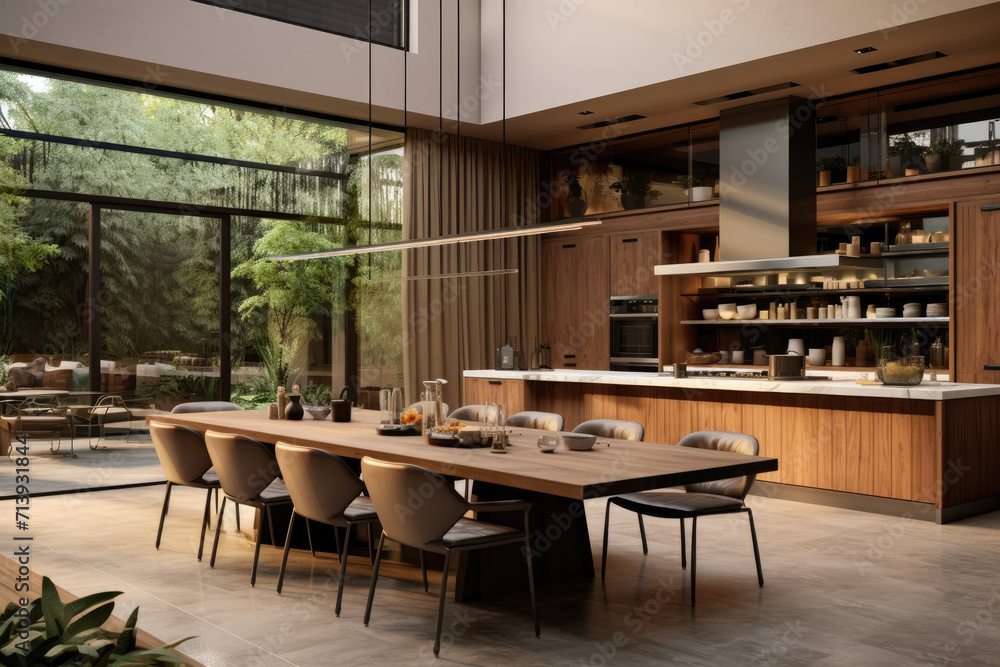 Modern brown kitchen interior design with dining table and decoration