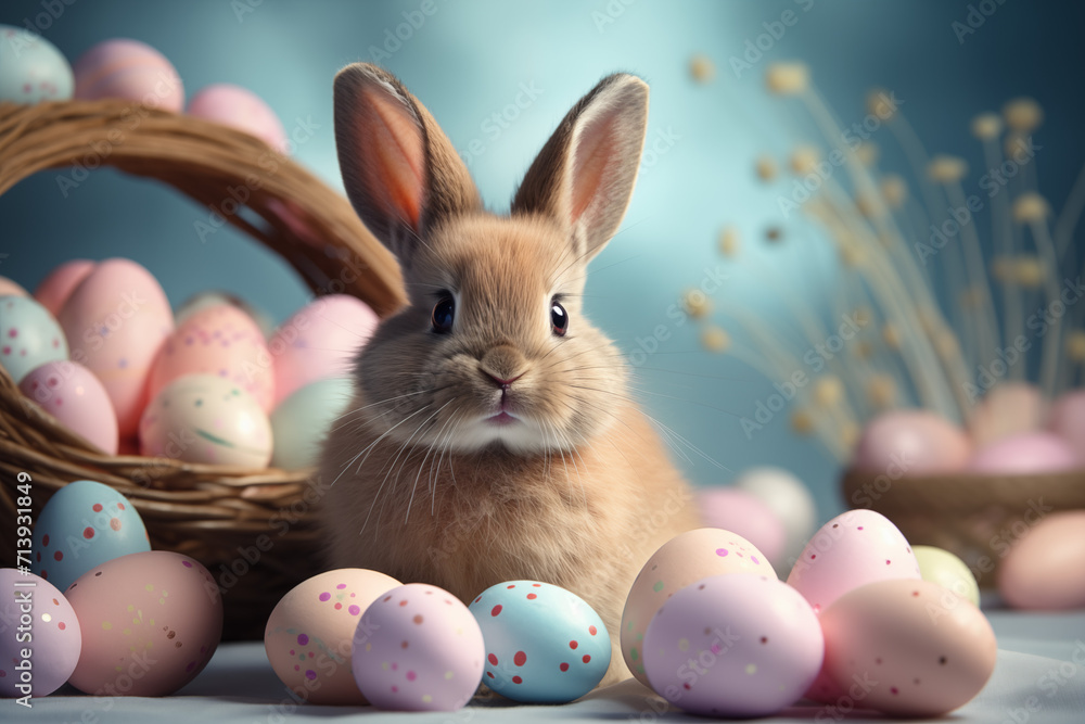 A delightful bunny beside a wicker basket filled with pastel-colored Easter eggs, against a soft blue backdrop.
