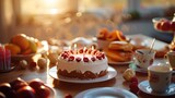 A delicious birthday cake adorned with lit candles and raspberries, surrounded by a spread of fruits and sweets in warm light.
