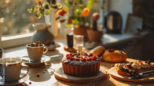 A warm and inviting breakfast scene featuring a berry-topped cake with a single lit candle, amidst morning coffee and pastries. 