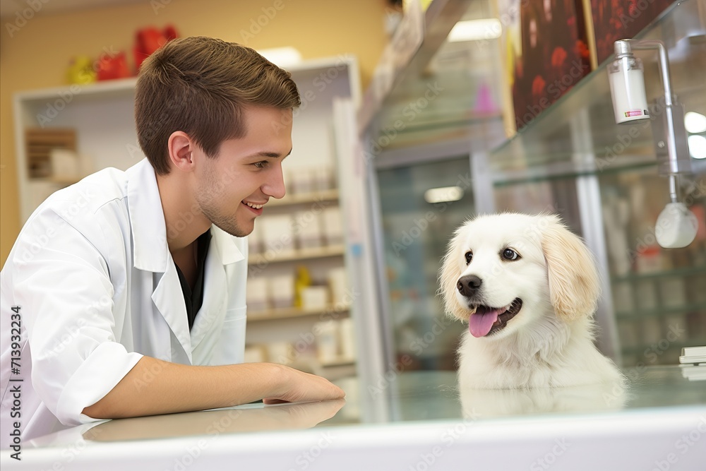 young male veterinarian smiling and looking at a golden retriever, veterinary clinic in the background young male veterinarian smiling and looking at a golden retriever, veterinary clinic in the background