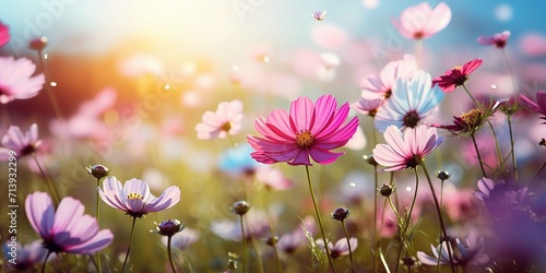 Beautiful cosmos flowers, daisies, summer wildflowers blooming under the May sun