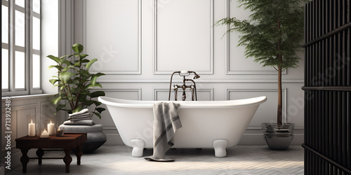 White bathroom with white bathtub and plants on the both side of tub and a wooden table near by large glass window and white wall background Ai Generative