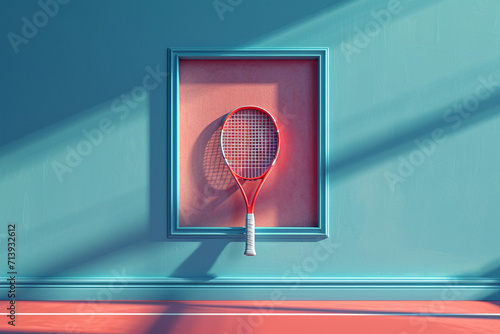 A depiction of a tennis racket and ball framed within a small, pastel-colored geometric shape on a large, empty canvas,
