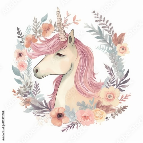 Vintage illustration with cute unicorn and floral wreath, Generative AI 