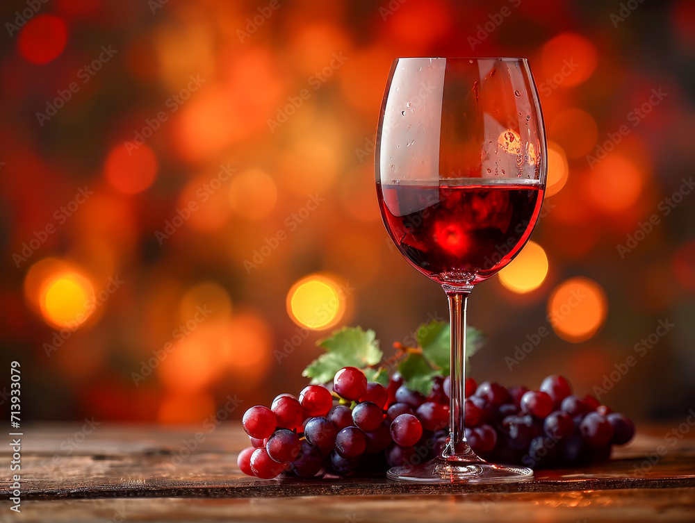 Close-up of a wine glass filled with red wine, accented by grapes and a warm, blurred light background, creating an inviting atmosphere.
