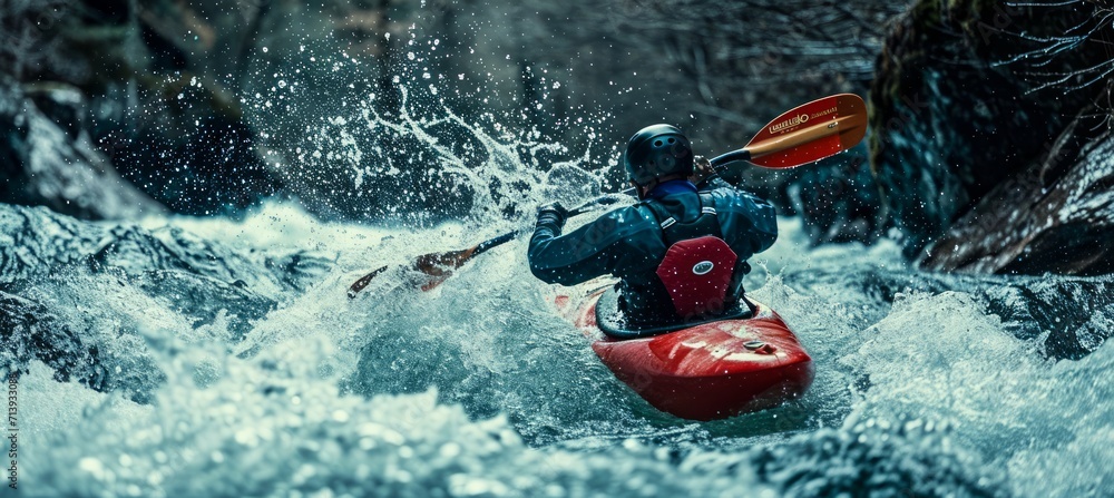 Amidst the rush of rapids, a brave kayaker glides through the waters, their paddle and life jacket guiding them on a thrilling outdoor adventure