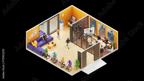 The office room where people work. 3D Isometric. Loop Animation. Alpha channel (ID: 713933292)