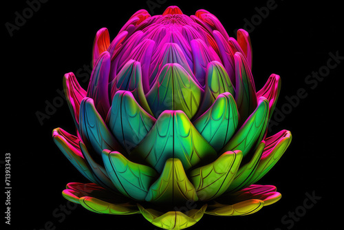 Neon color artichoke vegetable  black isolated background