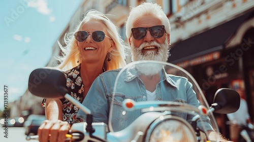 Joyful retirees on scooter, exploring european city, with text space for creativity.