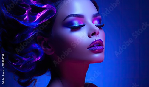 Portrait of a model against a neon pink and blue background, exuding a futuristic and fashionable vibe.