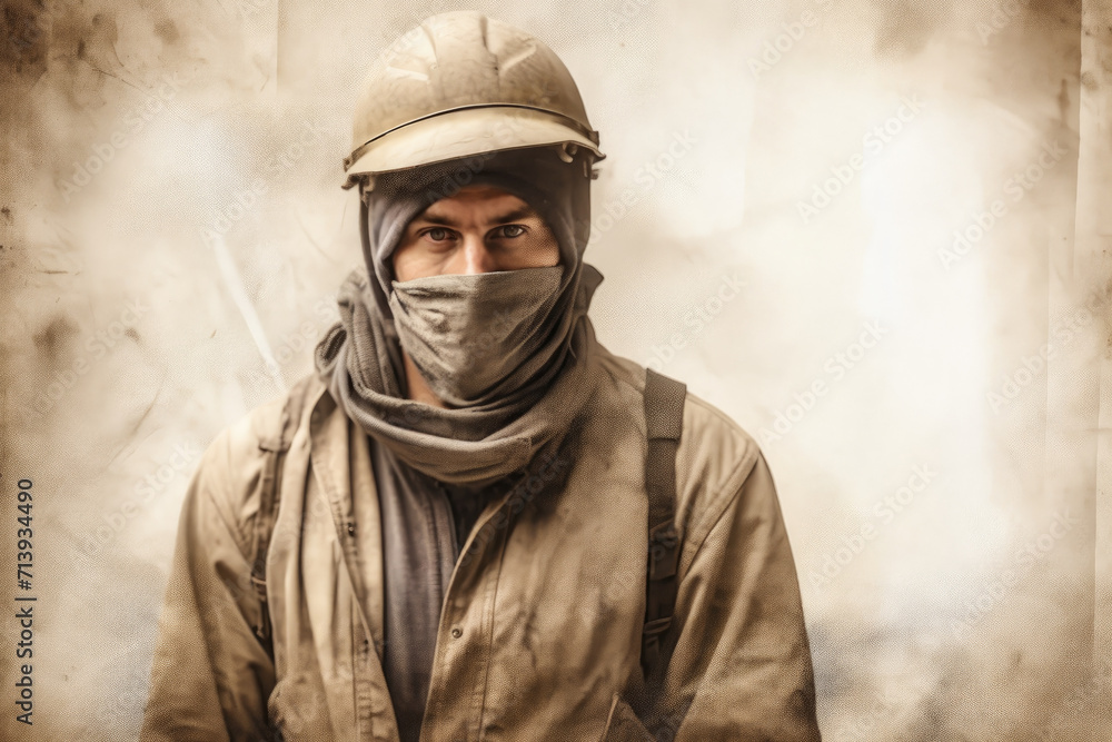 Fototapeta premium Neutral colors faded photo of worker wearing safety helmet and mask