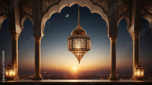 A large lamp hanging from the arches of the balcony of a mosque at sunset. Muslim Ramadan, beautiful travel destinations.