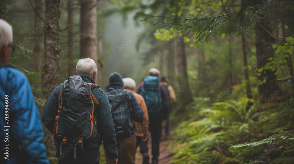 A group of active seniors with backpacks hiking together on a trail surrounded by the dense greenery of a misty forest.