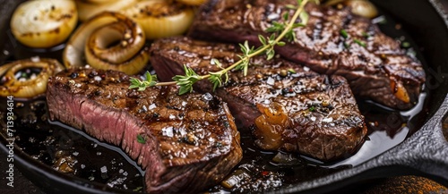 An indoor cooking adventure awaits as a succulent beef tenderloin sizzles on a pan with caramelized onions, infusing the dish with rich flavors of marination and animal fat photo