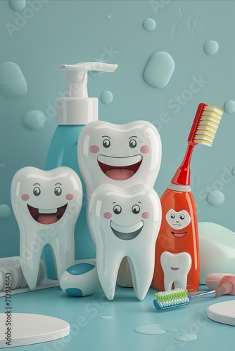 Cartoon teeth family, smiling, bathroom setting, hygiene theme.