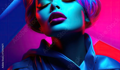 A model's portrait set against a neon pink and blue background, embodying a futuristic fashion aesthetic.