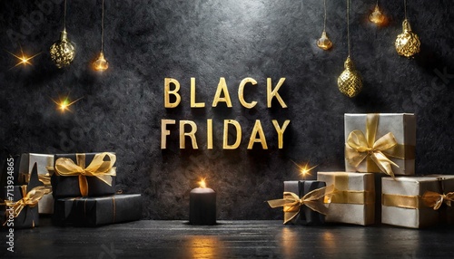 an enticing digital scene with a gift box set against a dark background, incorporating Black Friday-themed elements or typography to emphasize the occasion. Use lighting and shadows to enhance the ove photo