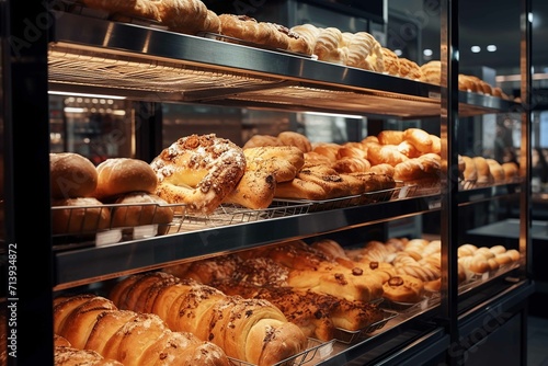 Close up view of freshly baked bakery in hypermarket photo