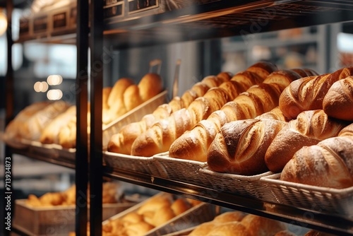 Close up view of freshly baked bakery in hypermarket photo