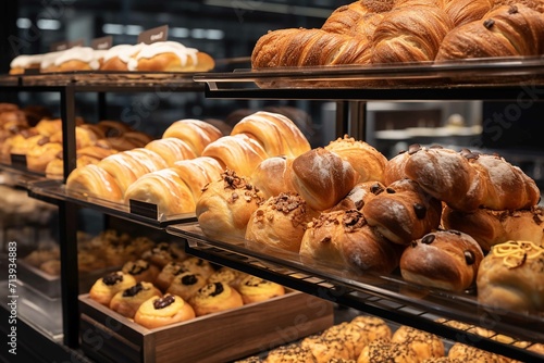 Close up view of freshly baked bakery in hypermarket