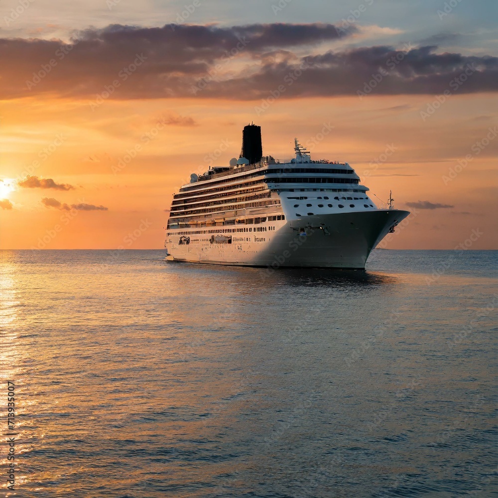 Cruise Ship Sailing Serenely at Sunset on Calm Ocean Waters Cruise Ship Sailing Serenely at Sunset on Calm Ocean Waters