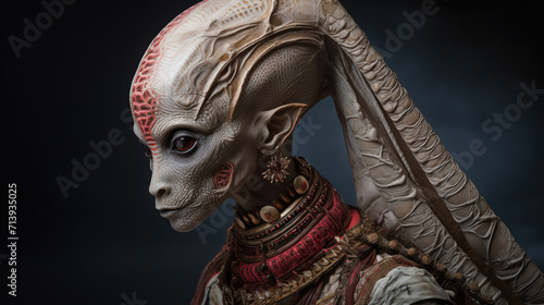 Non-human biological alien being in traditional clothing, black background UFO. Generative ai