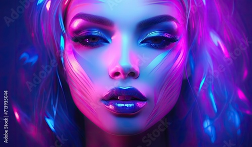 A model s portrait set against a neon pink and blue background  embodying a futuristic fashion aesthetic.