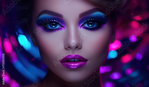 A model s portrait set against a neon pink and blue background  embodying a futuristic fashion aesthetic.