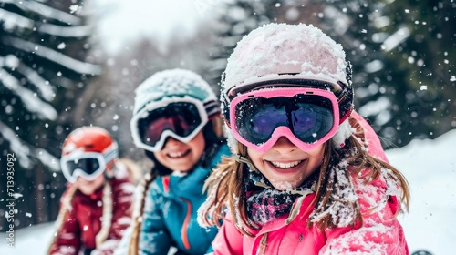A joyful group of winter adventurers, bundled up in warm clothing and sporting ski goggles and helmets, braving the freezing snow with smiles on their faces