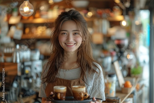 Japanese female cafe worker smiling and carrying coffee