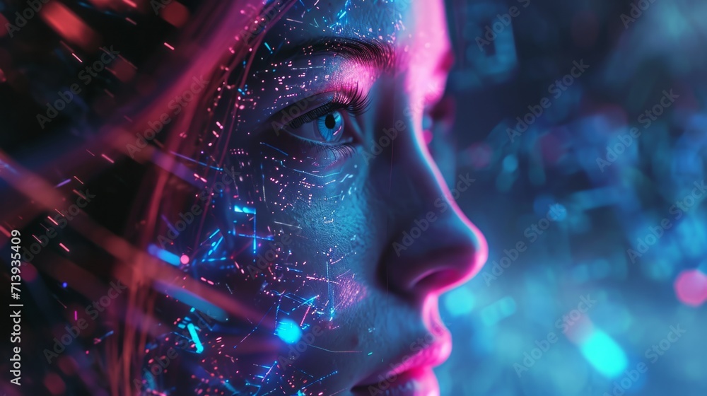 The young woman face with elements of an interactive glowing interface. AI and Human interface with beautiful futuristic bliss The young woman face with elements of an interactive glowing interface. AI and Human interface with beautiful futuristic bliss