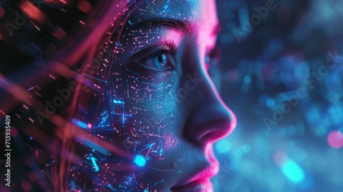 The young woman face with elements of an interactive glowing interface. AI and Human interface with beautiful futuristic bliss 
