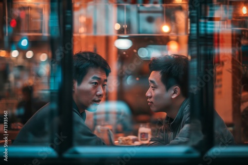 Two men share a moment of intense contemplation over a cup of coffee, their faces etched with the weight of the bustling city outside the window of the cozy restaurant