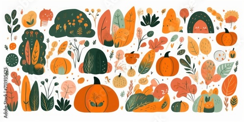  collection with autumn symbols and elements. Autumn pumpkins and Rainbows  Generative AI 