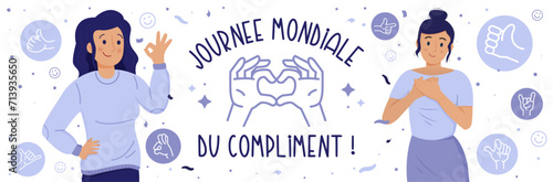 La journée mondiale du compliment - Bannière festive et positive autour de la bienveillance - Personnages et éléments graphiques vectoriels éditables - Éloge , encouragement réussite 