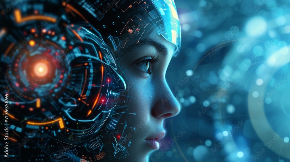 The young woman face with elements of an interactive glowing interface. AI and Human interface with beautiful futuristic bliss The young woman face with elements of an interactive glowing interface. AI and Human interface with beautiful futuristic bliss