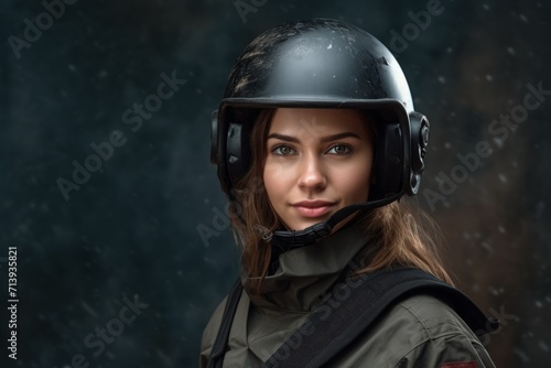 a civilian, a young woman in a bulletproof vest and a protective helmet, portrait. a female person in protective equipment.