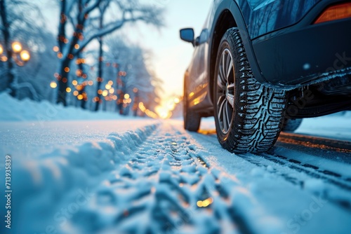 car with tires running in the snow photo