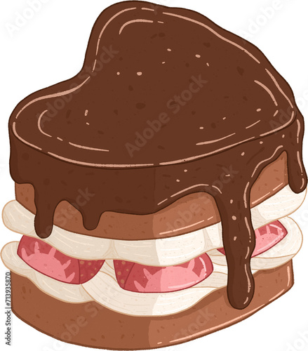 Chocolate Strawberry Heart Cake Illustration