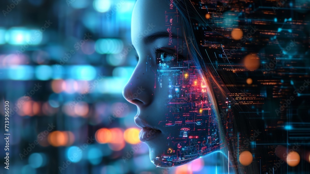 The young woman face with elements of an interactive glowing interface. AI and Human interface with beautiful futuristic bliss 