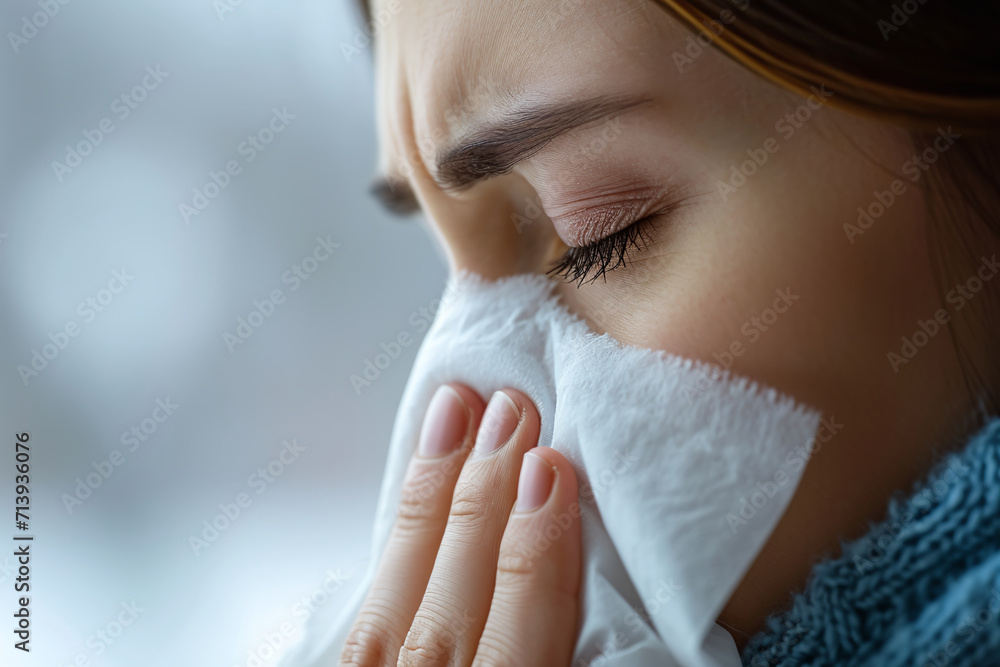 Close-up of a woman with a cold blowing her nose into a handkerchief, flu and other viral infections Close-up of a woman with a cold blowing her nose into a handkerchief, flu and other viral infections