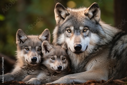 grey mother wolf with her young ones, cozy cuddles together in her lair. animal family, motherhood in animals.