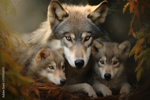 grey mother wolf with her young ones  cozy cuddles together in her lair. animal family  motherhood in animals.