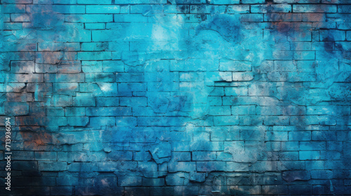 Old brick wall background, cyan colors grunge texture or pattern for design. Generative ai