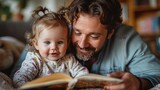 Happy father relax and read book with baby time together at home